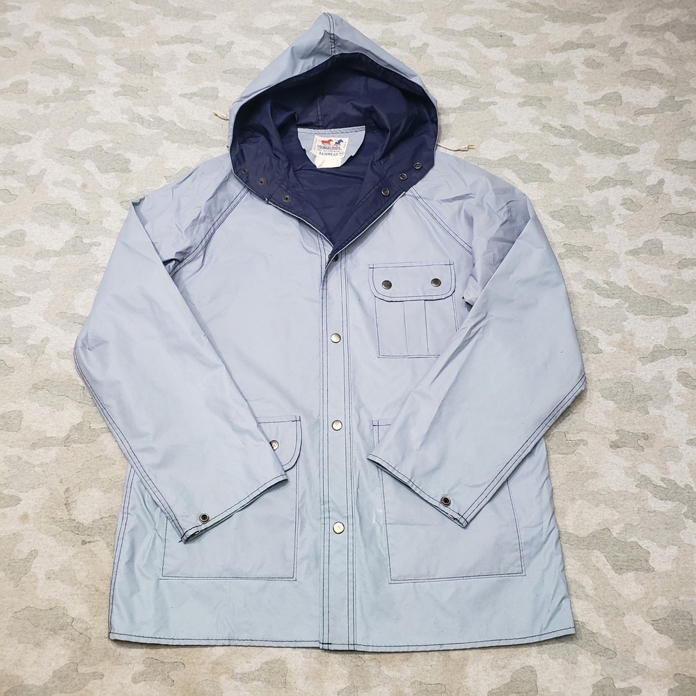 Vintage Youngbloods Rain Jacket Mens Medium Blue Waterproof Hooded Snap Pockets